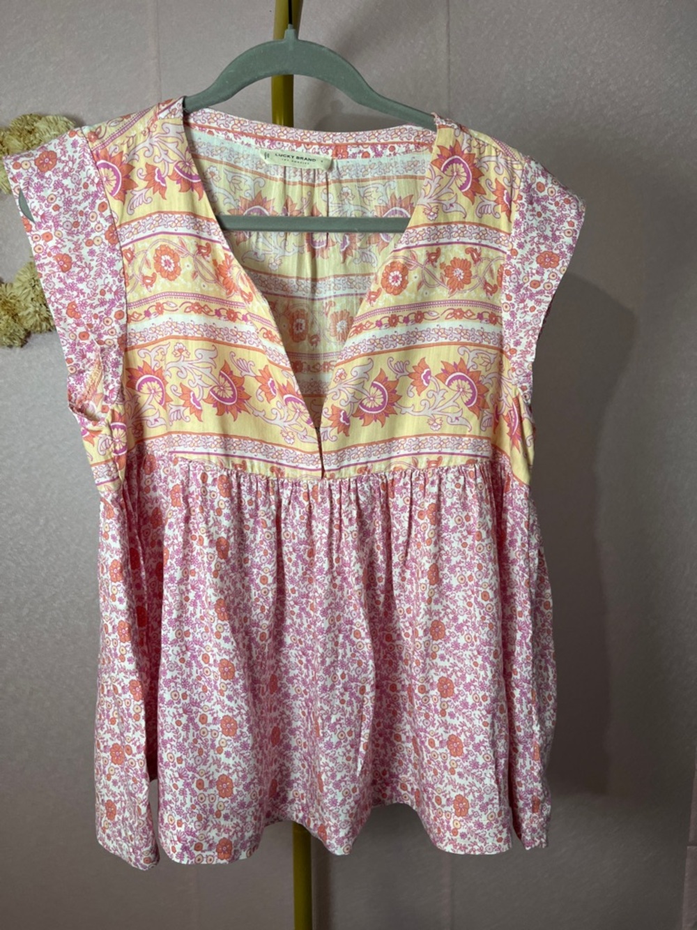 Lucky Brand Pink & Yellow Floral Split-Neck Tunic